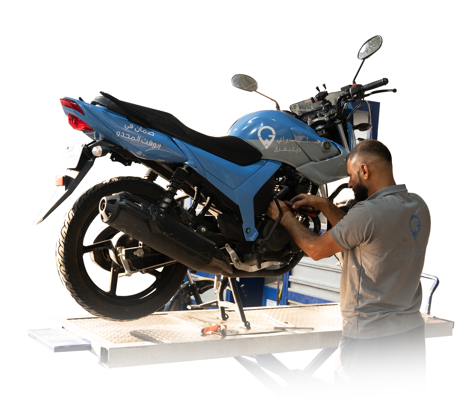 Gulf Way Auto mechanic repairing Gulf Way delivery bike, representing trusted service rated 4.5 stars by customers