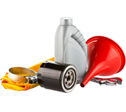 Oil change essentials including funnel, oil filter, engine oil, and cloth for Gulf Way maintenance service